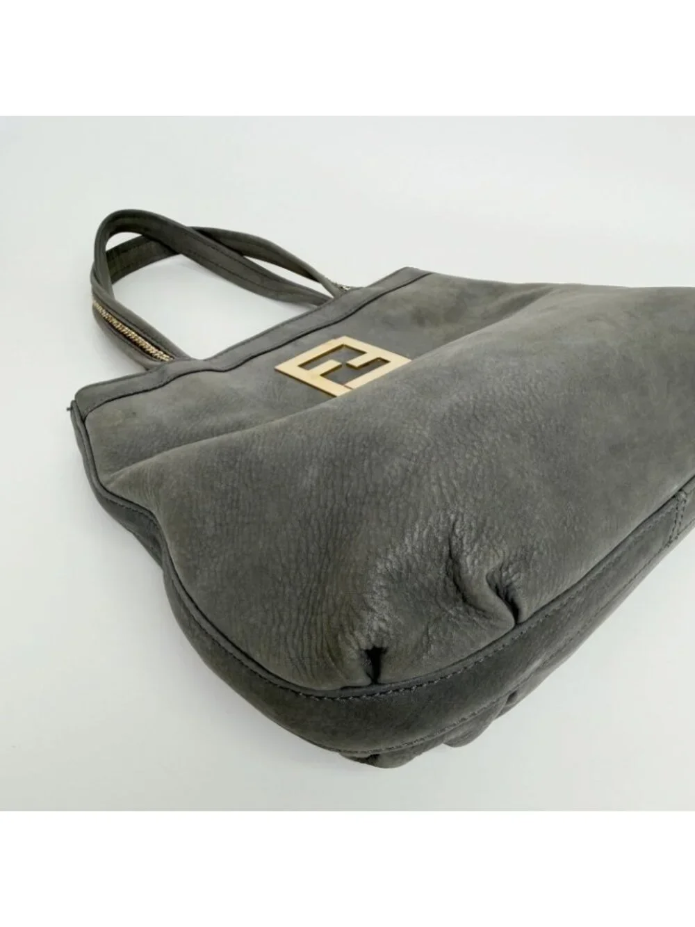 Fendi Nubuck FF Chain Tote Bag Leather Gray Gold Vintage